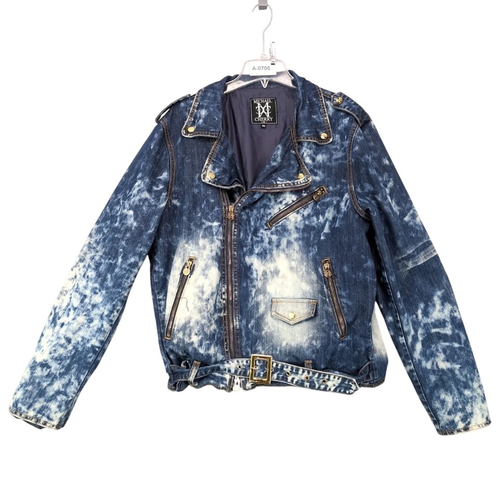 Michael Cherry Blue Acid Wash Biker Denim Jacket Mens 2XL Belted Gold Hardware